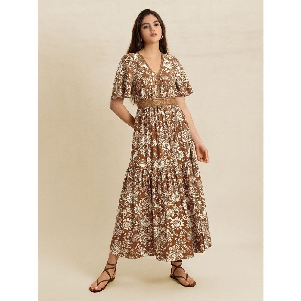 Cute Floral Ditsy Dress Nuetral Deep Tan Lace Waist Western Vibe Small